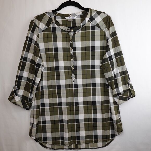 Nygard Blouse Women Medium Olive Green Plaid 3/4 Sleeve Roll Tab Button Up Tunic - Picture 1 of 11